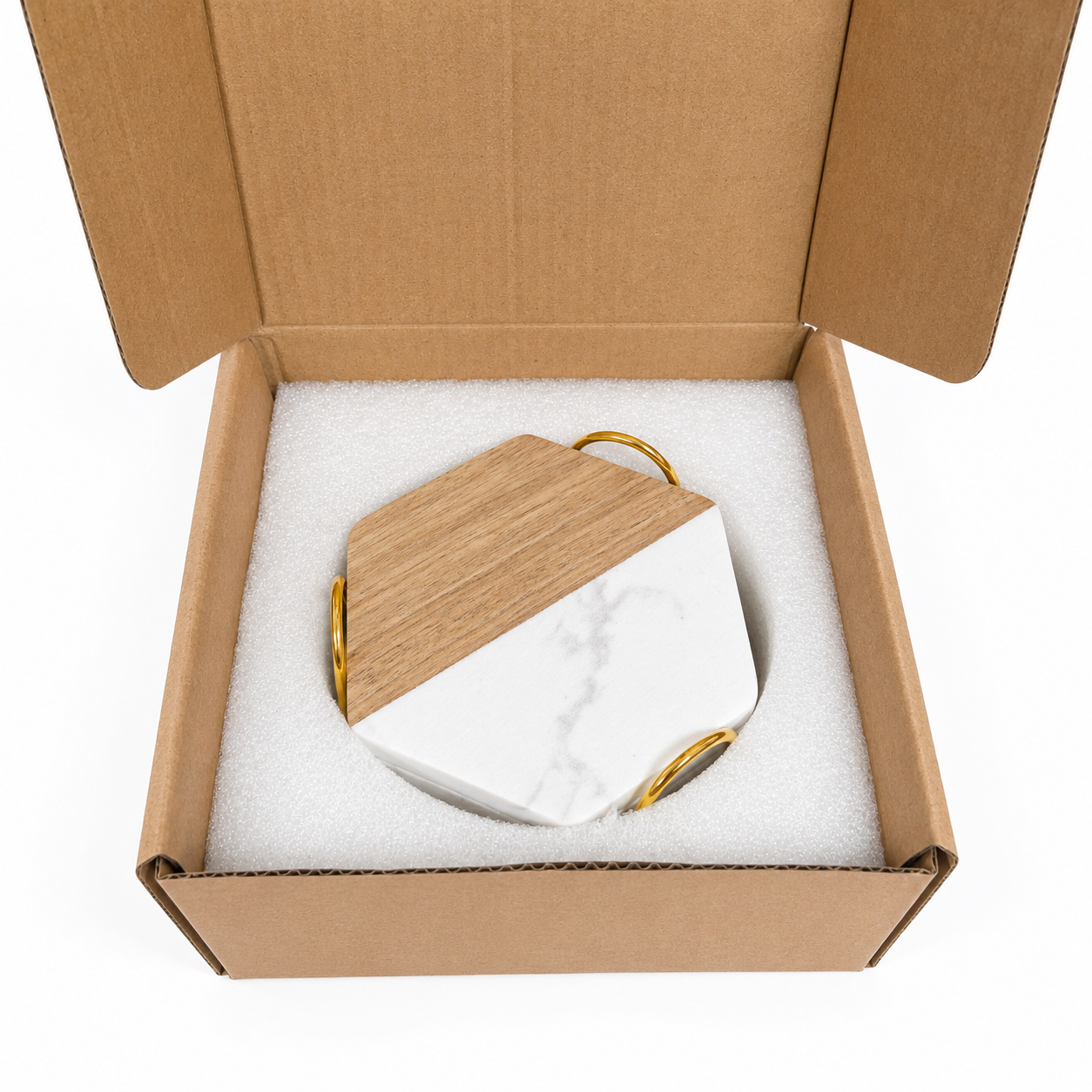 White Hexagon Wood and Marble Coaster Set - Case of 12