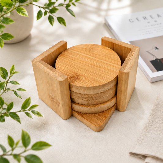4 Pcs Round Bamboo Coaster Set - Case of 8