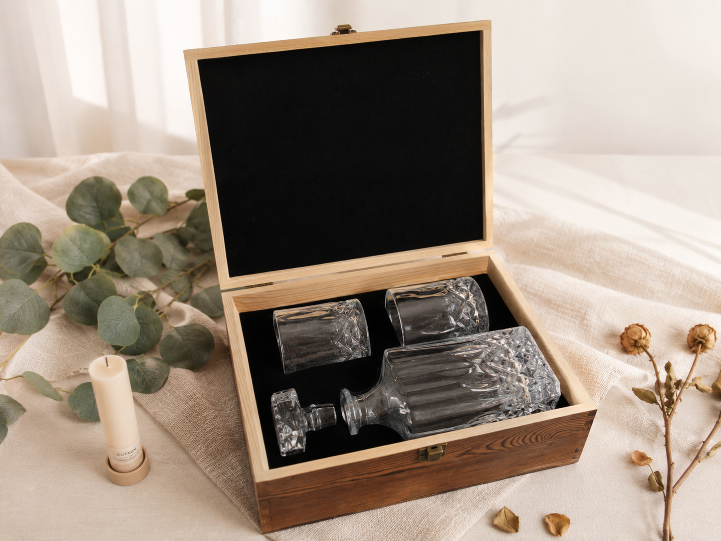 2 Glasses Diamond-Cut Whickey Decanter Set with Wooden Gift Box - Case of 6