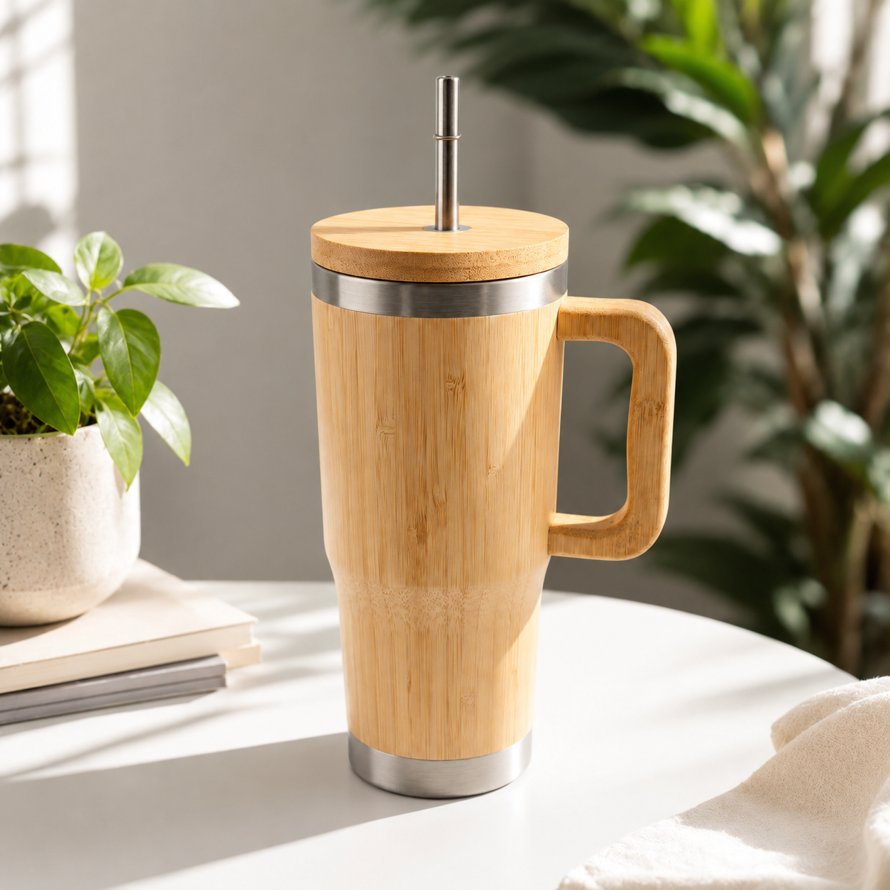 30 Oz Dual Cap Bamboo Tumbler with Handle and Straw - Case of 25