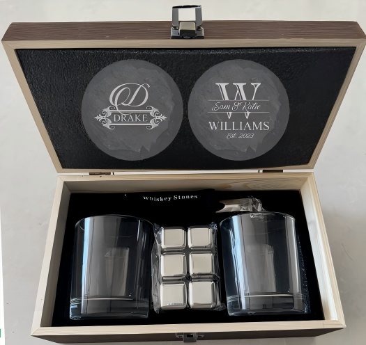 2 Glasses Whiskey Set with Coasters and Wooden Box - Pack of 8