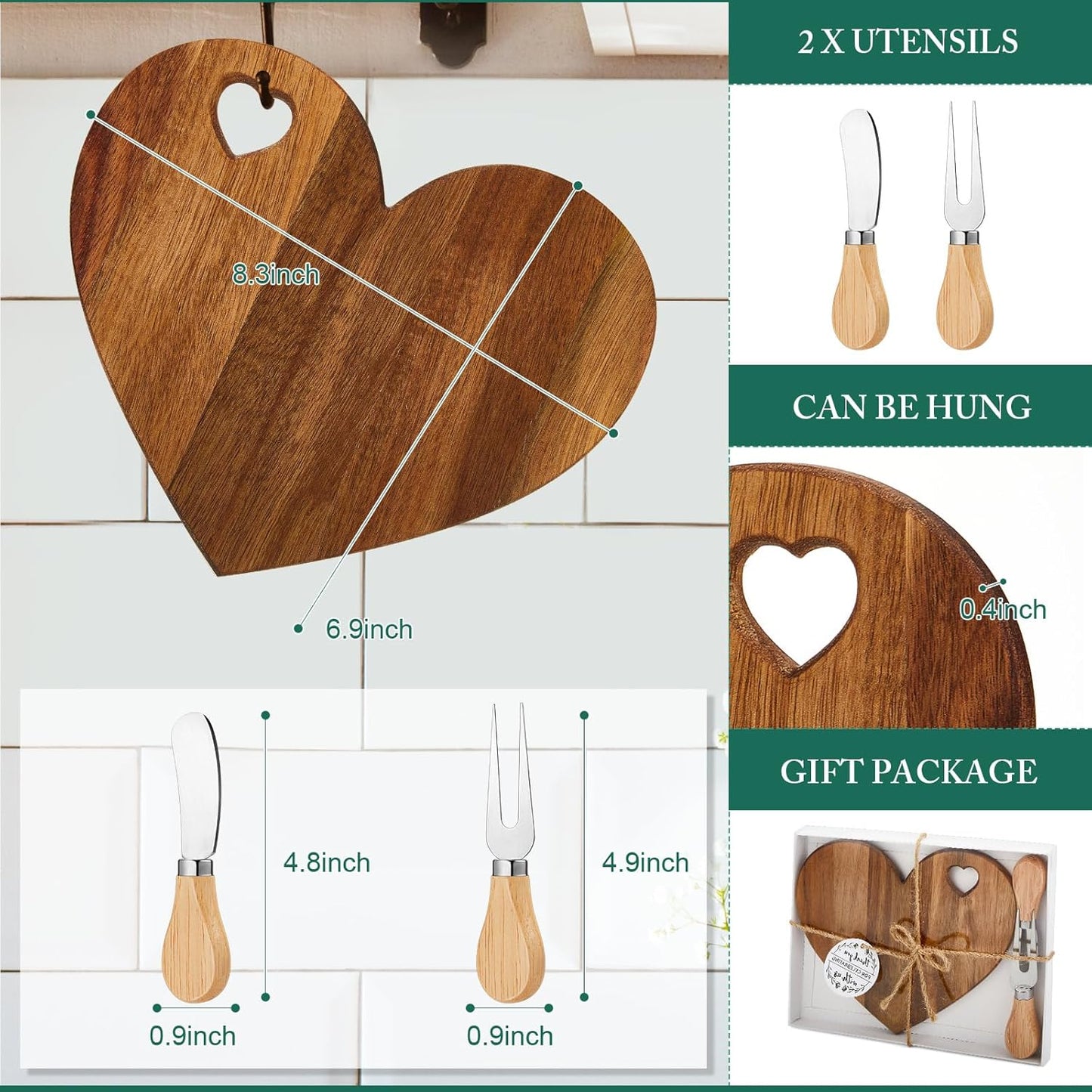 Mini Heart Acacia Wood Cheeseboard Set - Case of 12