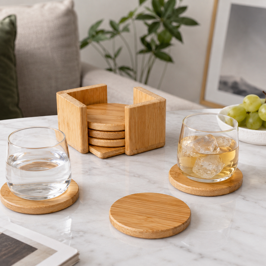 6 Pcs Round Bamboo Coaster Set - Case of 8