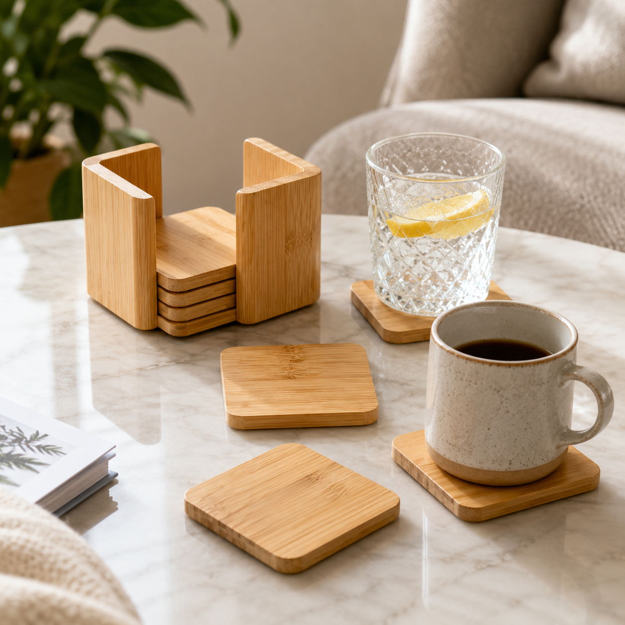 6 Pcs Square Bamboo Coaster Set - Case of 8
