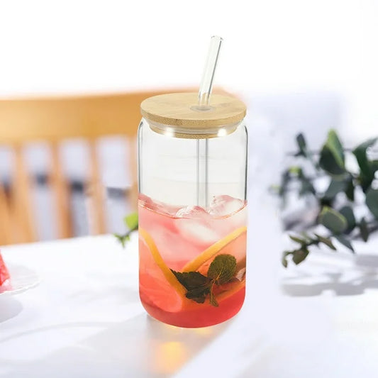 16oz Transparent Sublimation Cup with Bamboo Lid and Glass Straw - Pack of 50