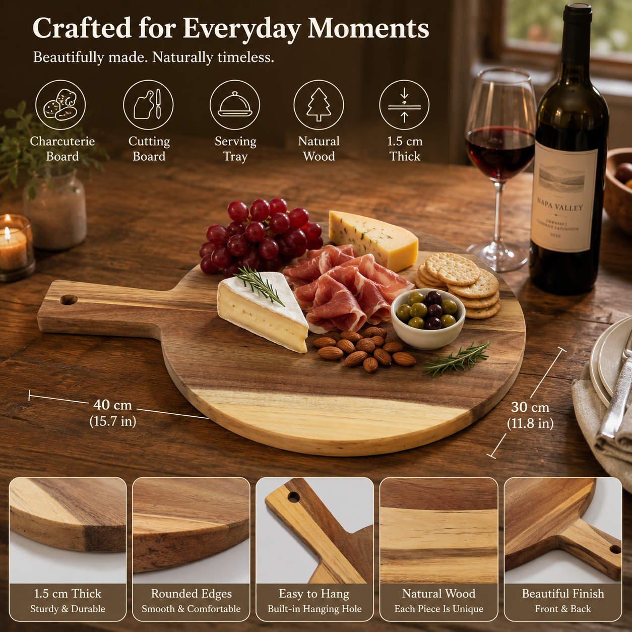 Acaia Wood Round Paddle Charcuterie Board - Case of 12