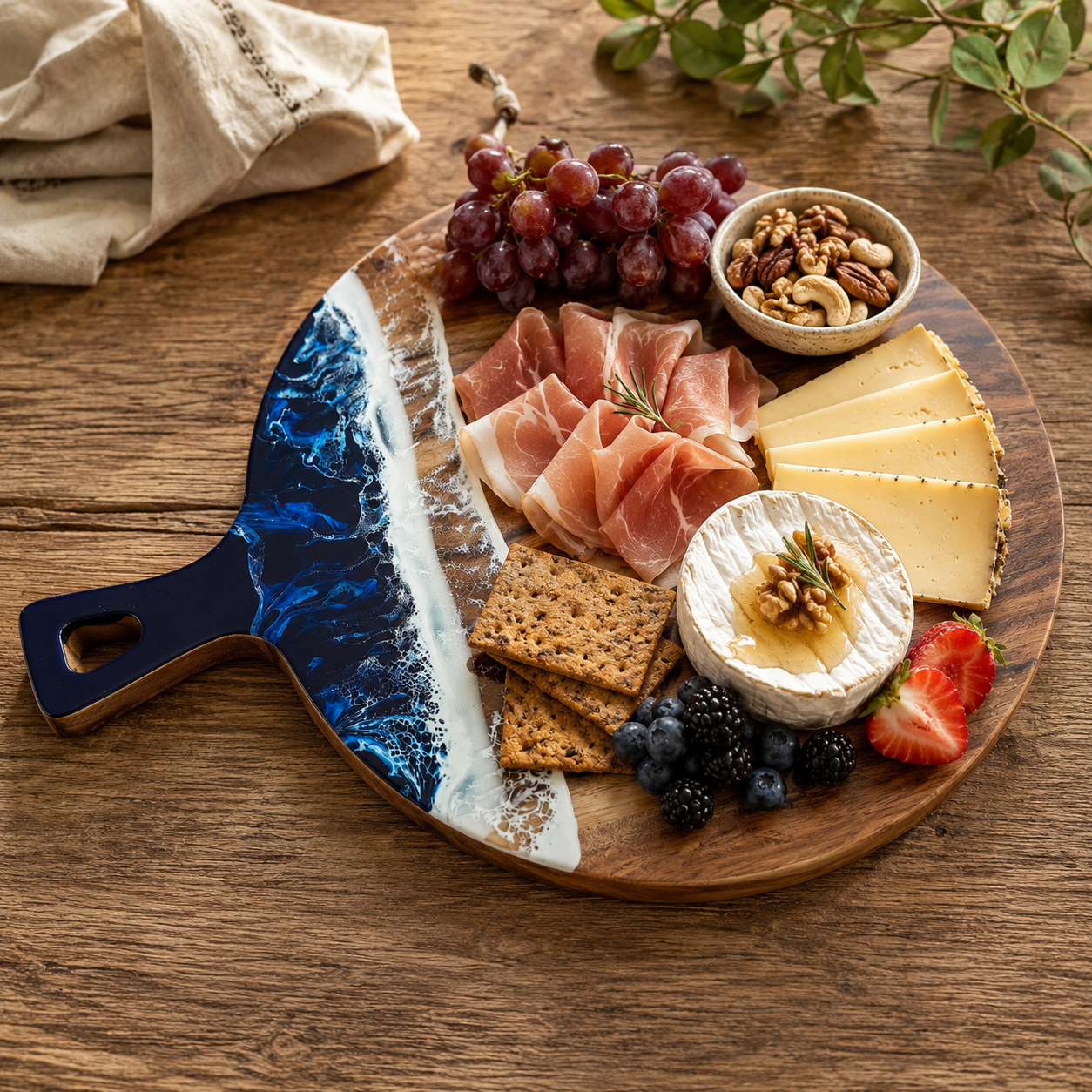 Acacia Wood Round Paddle Charcuterie Board with Ocean Wave Epoxy Resin - Case of 12