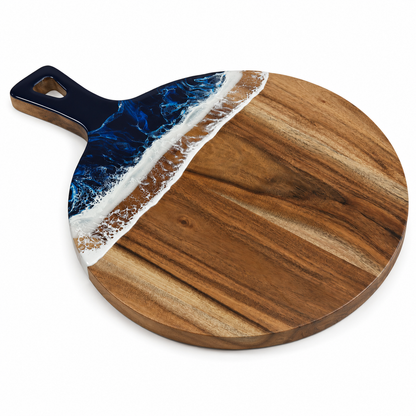 Acacia Wood Round Paddle Charcuterie Board with Ocean Wave Epoxy Resin - Case of 12