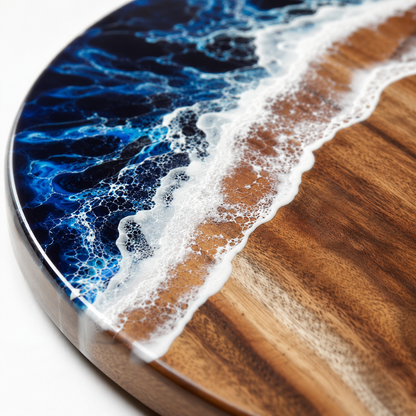 Acacia Wood Round Paddle Charcuterie Board with Ocean Wave Epoxy Resin - Case of 12