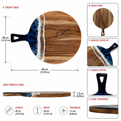 Acacia Wood Round Paddle Charcuterie Board with Ocean Wave Epoxy Resin - Case of 12