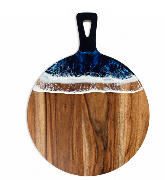Acacia Wood Round Paddle Charcuterie Board with Ocean Wave Epoxy Resin - Case of 12