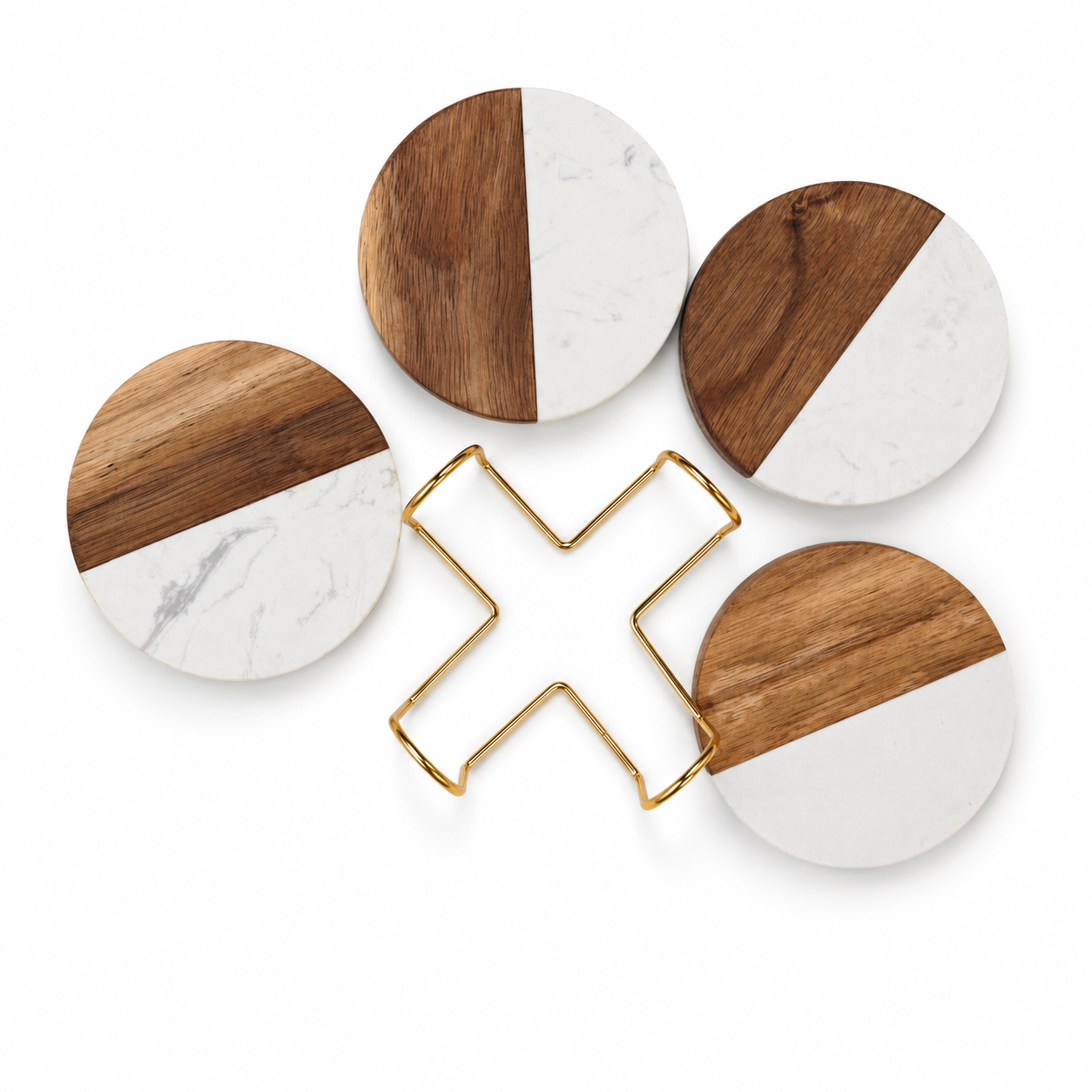 White Round Wood and Marble Coaster Set - Case of 12