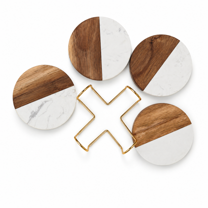 White Round Wood and Marble Coaster Set - Case of 12