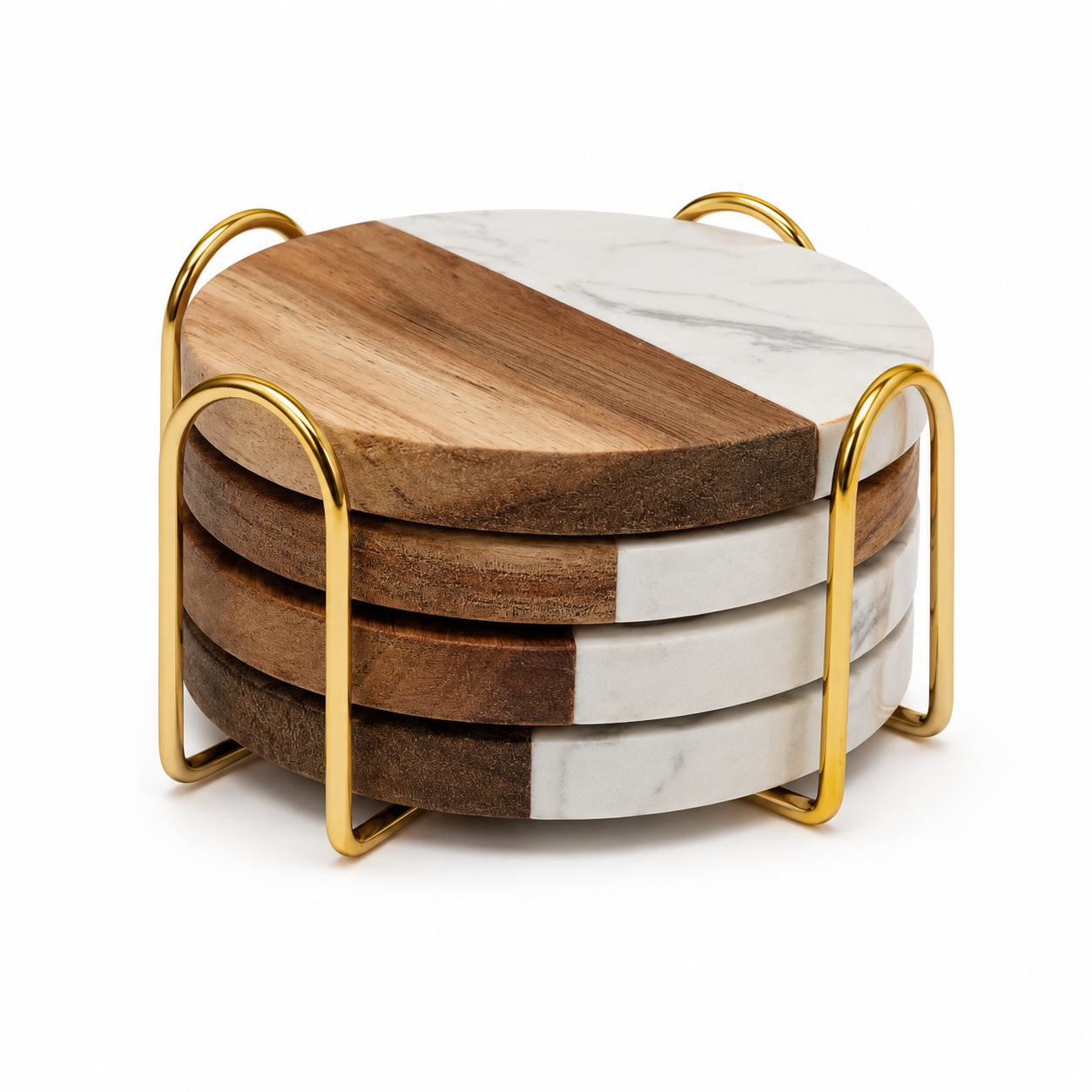 White Round Wood and Marble Coaster Set - Case of 12