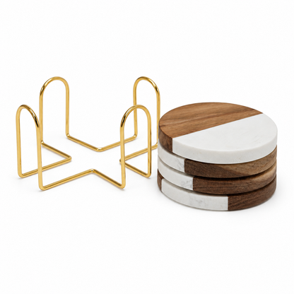 White Round Wood and Marble Coaster Set - Case of 12