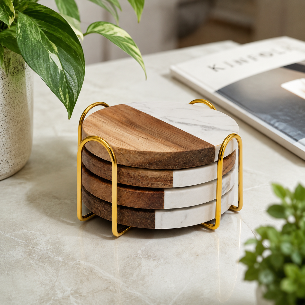 White Round Wood and Marble Coaster Set - Case of 12
