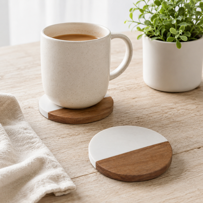 White Round Wood and Marble Coaster - Case of 20