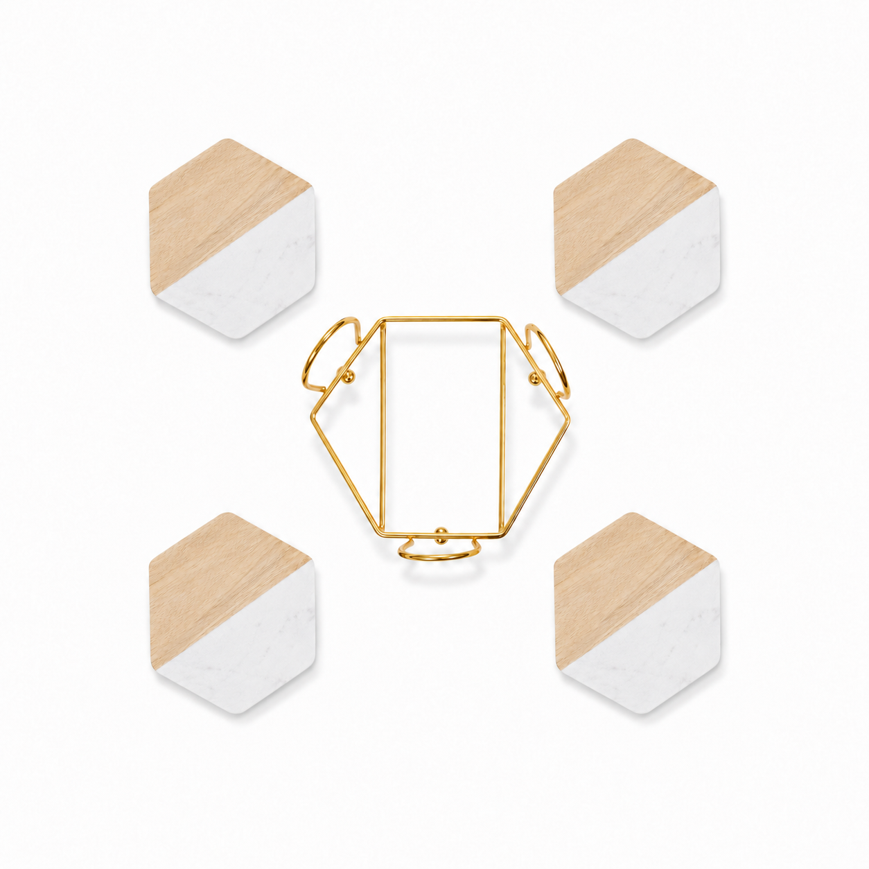 White Hexagon Wood and Marble Coaster Set - Case of 12