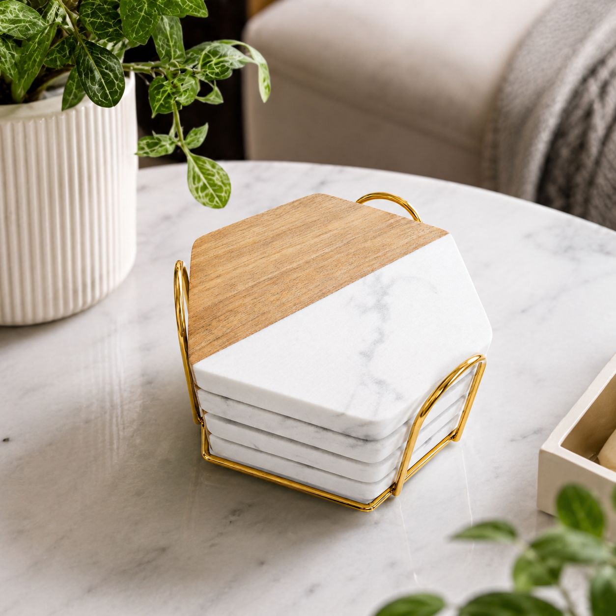 White Hexagon Wood and Marble Coaster Set - Case of 12