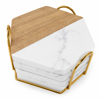 White Hexagon Wood and Marble Coaster Set - Case of 12