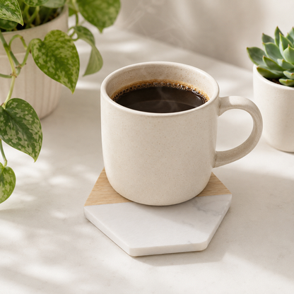 White Hexagon Wood and Marble Coaster - Case of 20