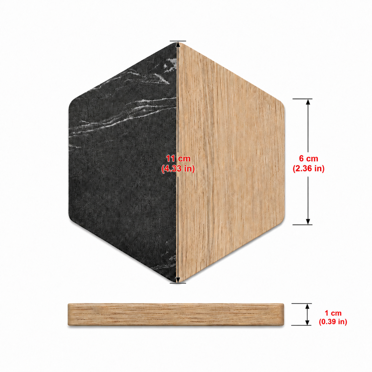 Black Hexagon Wood and Marble Coaster - Case of 20