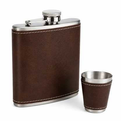 Vintage/Black Laserable Leather 6oz Hip Flask Set - Case of 12