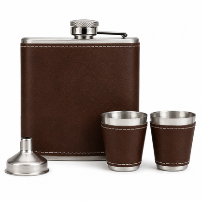 Vintage/Black Laserable Leather 6oz Hip Flask Set - Case of 12
