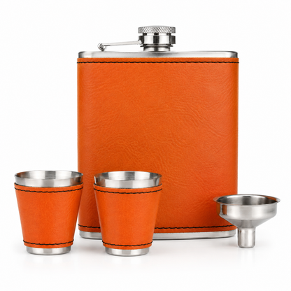 Orange/Black Laserable Leather 6oz Hip Flask Set - Case of 12