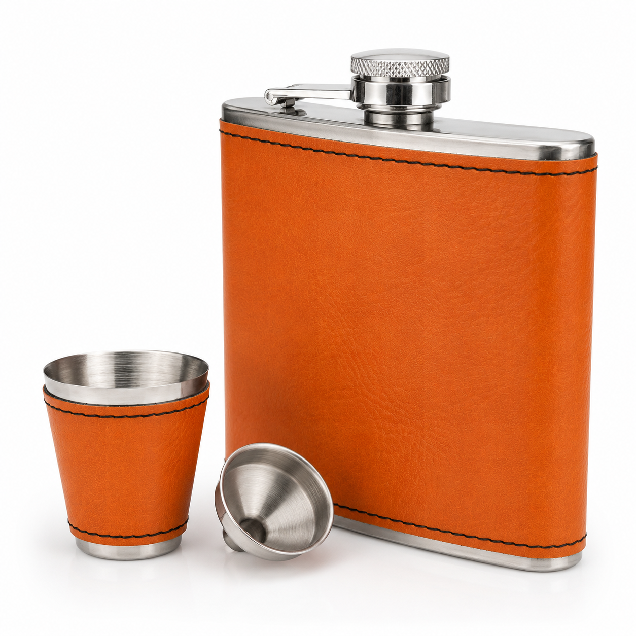 Orange/Black Laserable Leather 6oz Hip Flask Set - Case of 12
