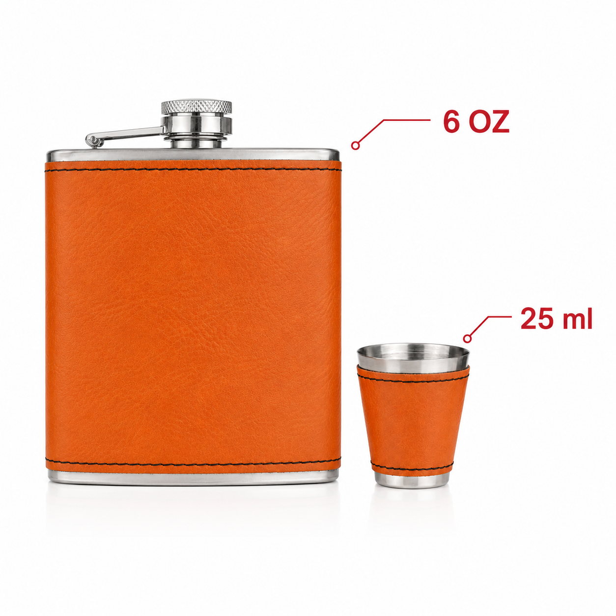 Orange/Black Laserable Leather 6oz Hip Flask Set - Case of 12