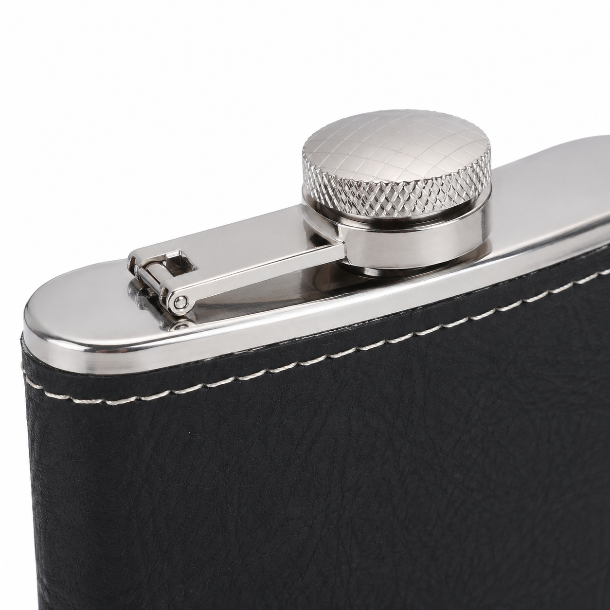 Black/Silver Laserable Leather 6oz Hip Flask Set - Case of 12
