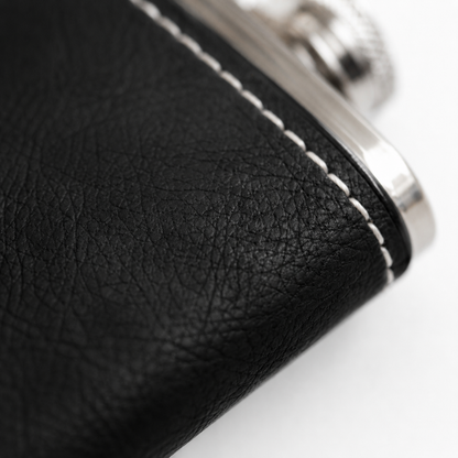 Black/Silver Laserable Leather 6oz Hip Flask Set - Case of 12