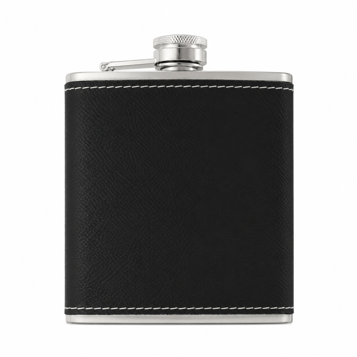 Black/Silver Laserable Leather 6oz Hip Flask Set - Case of 12