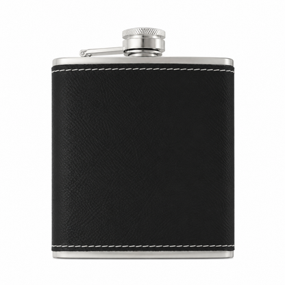 Black/Silver Laserable Leather 6oz Hip Flask Set - Case of 12