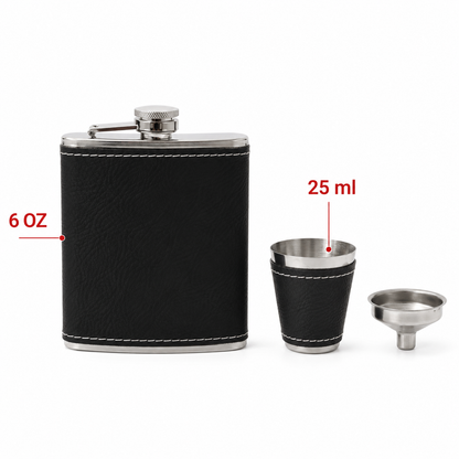 Black/Silver Laserable Leather 6oz Hip Flask Set - Case of 12