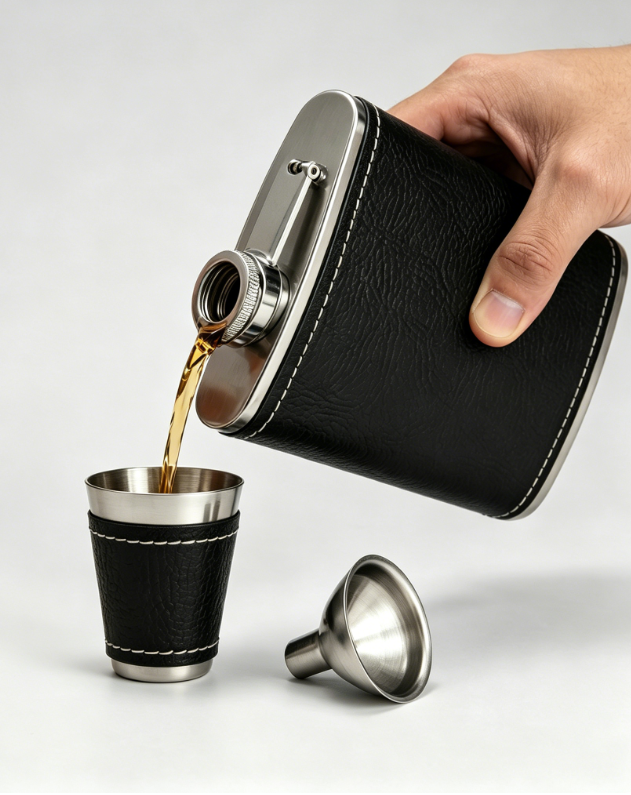 Black/Silver Laserable Leather 6oz Hip Flask Set - Case of 12
