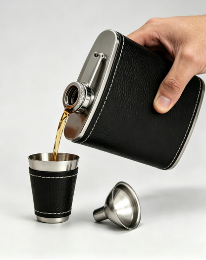 Black/Silver Laserable Leather 6oz Hip Flask Set - Case of 12