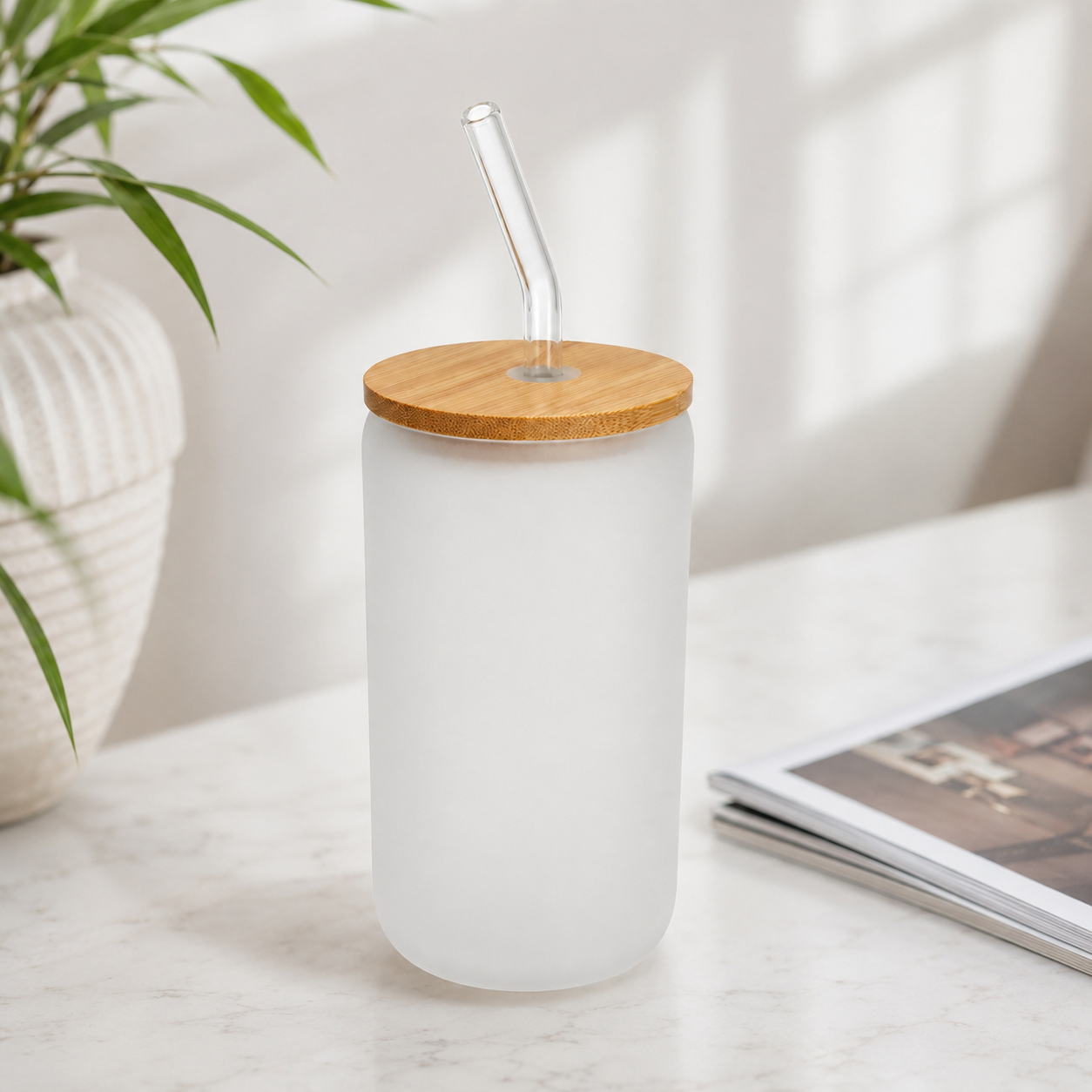 16 Oz Frosted Sublimation Glass Can with Bamboo lid and Straw - Case of 50