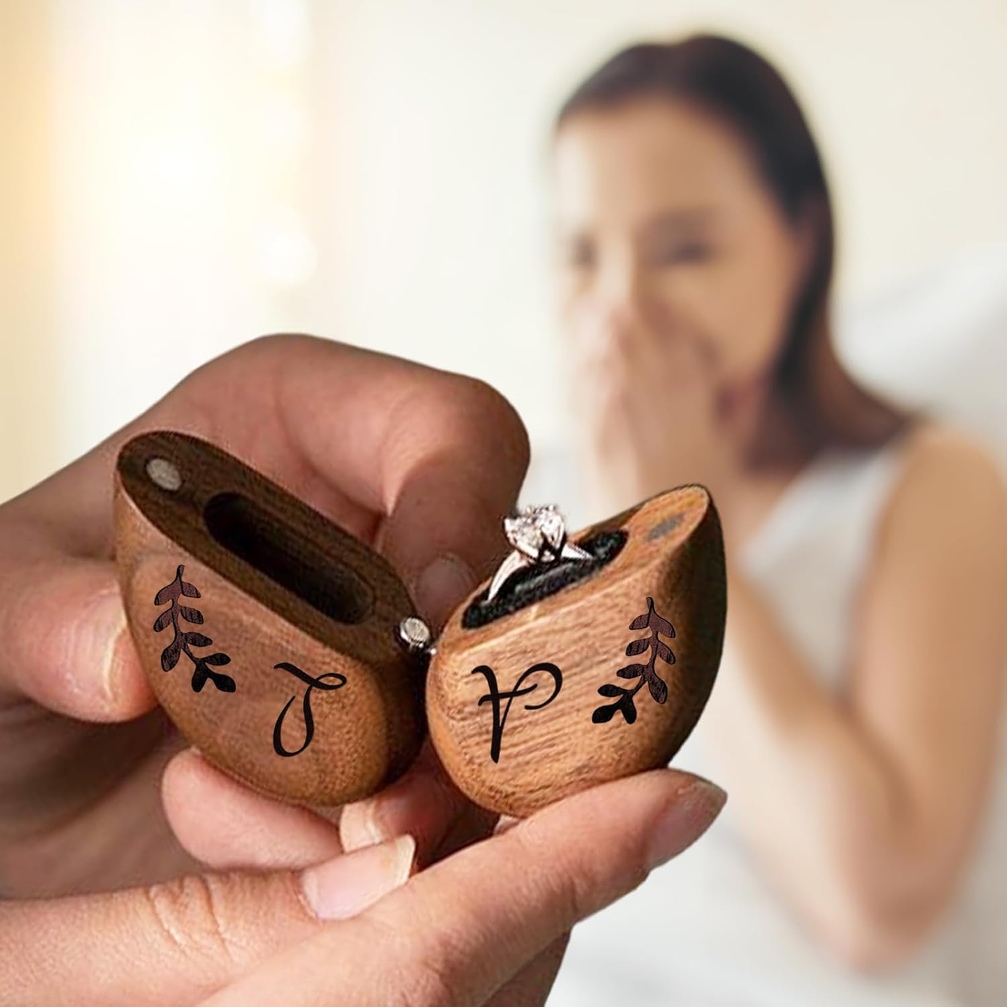 Heart Shape Black Walnut Wood Proposal Ring Box - Case of 12