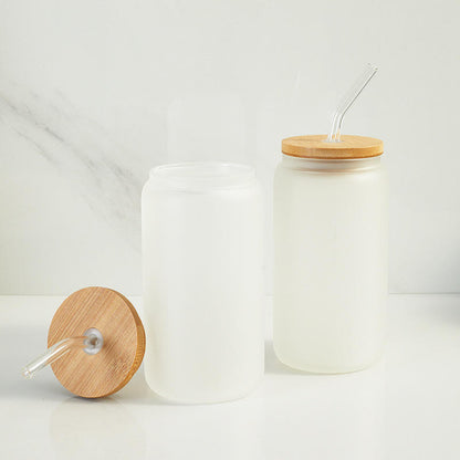 16oz Frosted Sublimation Cup with Bamboo Lid and Glass Straw - Pack of 50
