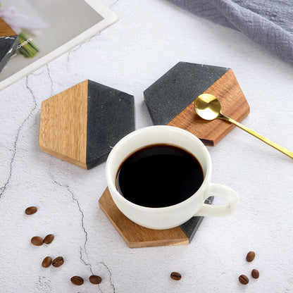 Black Hexagon Wood and Marble Coaster - Case of 20