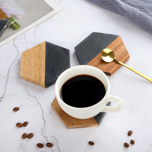 Black Hexagon Wood and Marble Coaster - Case of 20