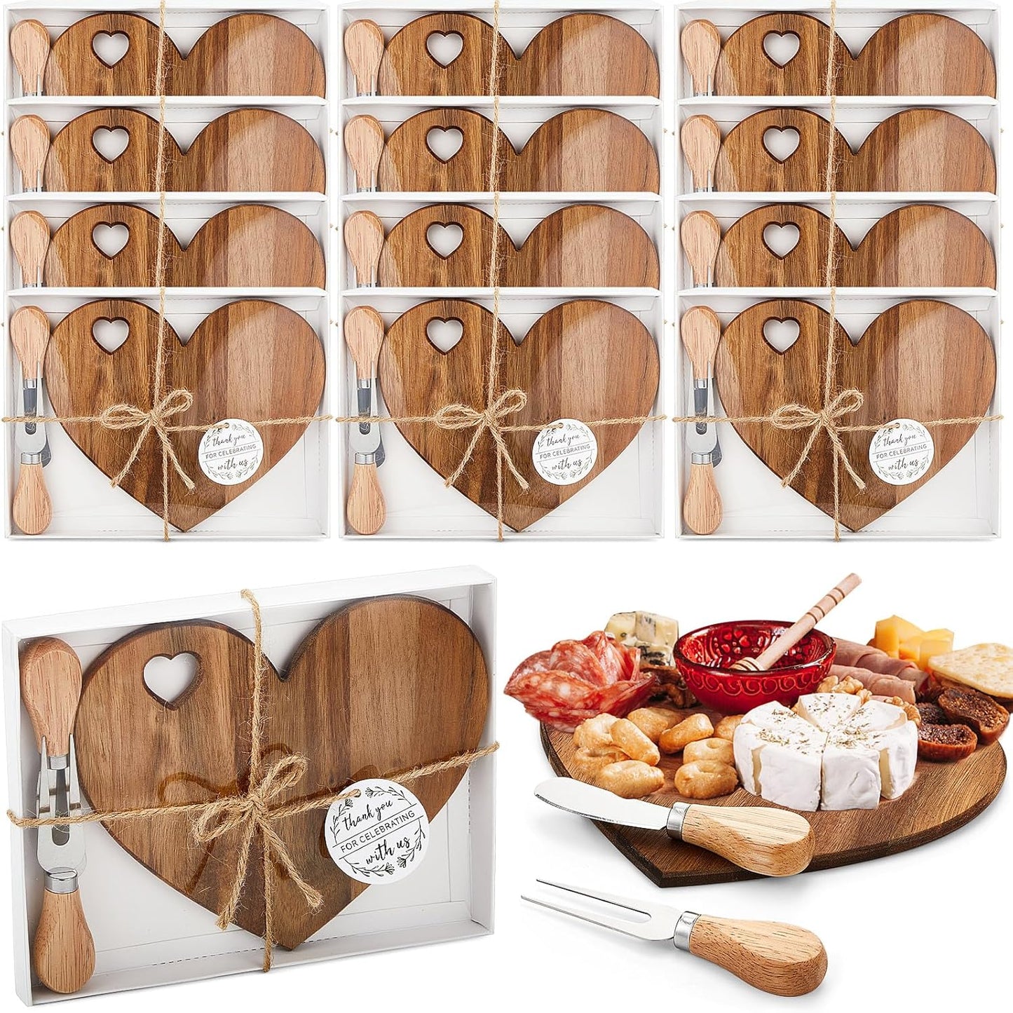 Mini Heart Acacia Wood Cheeseboard Set - Case of 12
