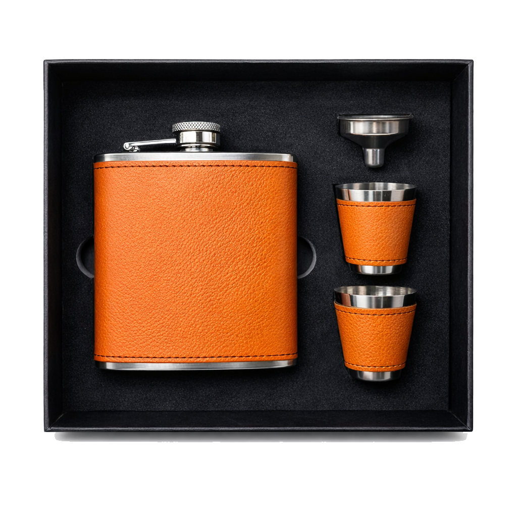 Orange/Black Laserable Leather 6oz Hip Flask Set - Case of 12