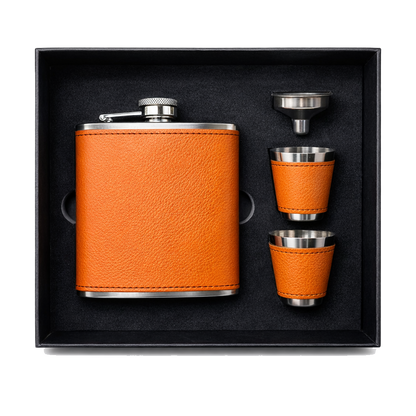 Orange/Black Laserable Leather 6oz Hip Flask Set - Case of 12