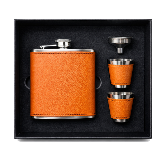 Orange/Black Laserable Leather 6oz Hip Flask Set - Case of 12