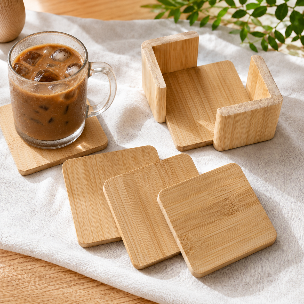 4 Pcs Square Bamboo Coaster Set - Case of 8