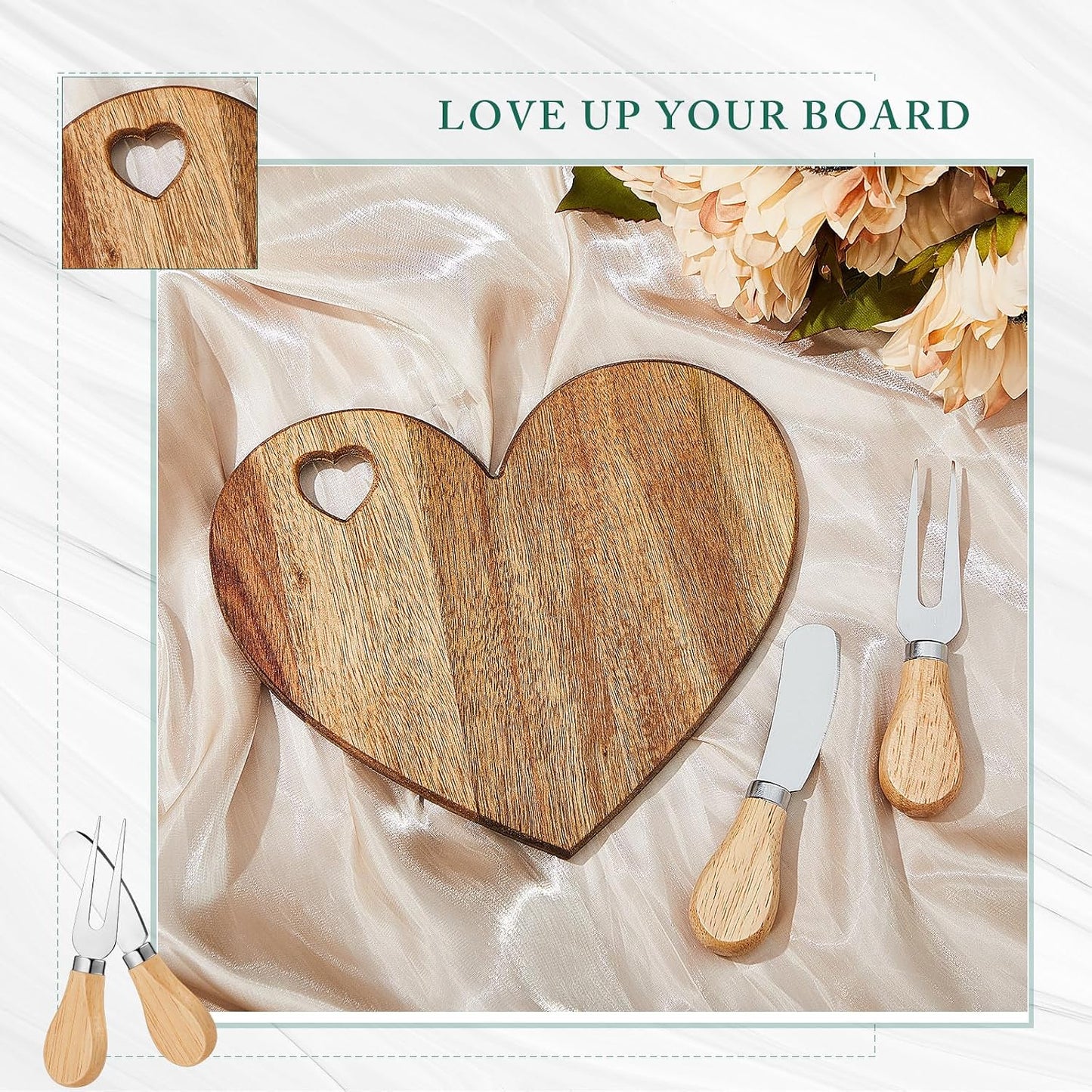 Mini Heart Acacia Wood Cheeseboard Set - Case of 12