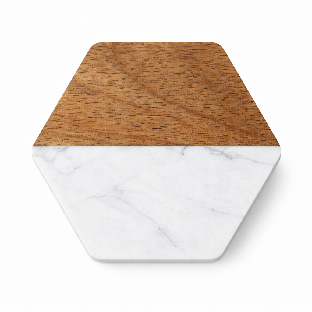 White Hexagon Wood and Marble Coaster - Case of 20
